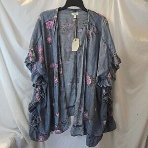 Easel All-Over Floral Print Chambray Open Front Cardigan Washed Denim Ruffle M